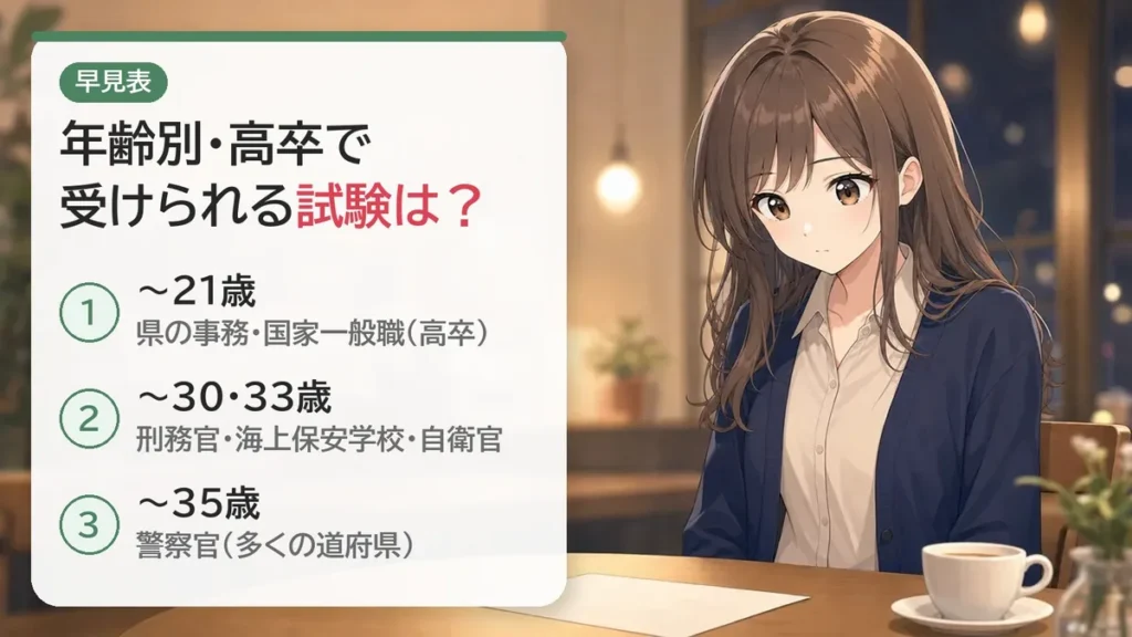 年齢別・高卒で受けられる試験:21歳までは県の事務・国家一般職(高卒)、30・33歳までは刑務官・海上保安学校・自衛官、35歳までは多くの道府県の警察官