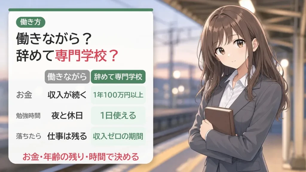 働きながら受けるか辞めて専門学校に入るか:お金(収入が続く/1年100万円以上)、勉強時間(夜と休日/1日使える)、落ちたら(仕事は残る/収入ゼロの期間)