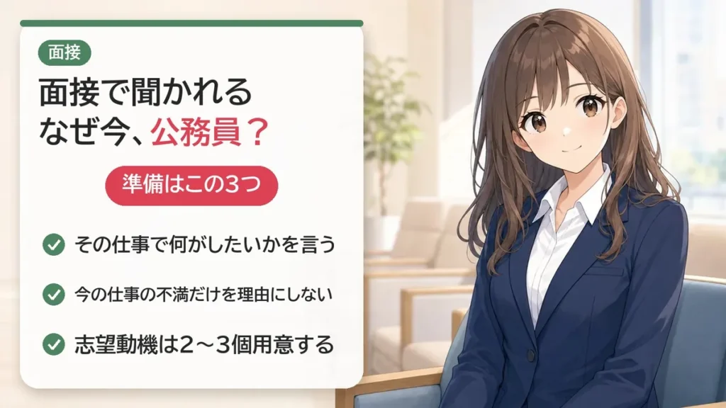 面接で聞かれる「なぜ今、公務員?」の準備:その仕事で何がしたいかを言う、今の仕事の不満だけを理由にしない、志望動機は2〜3個用意する