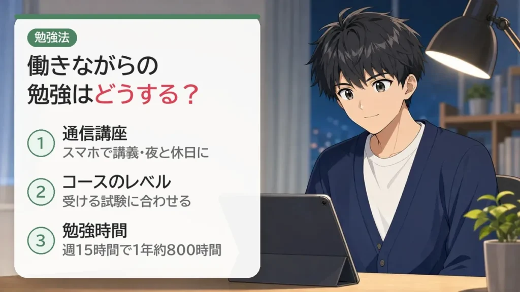 働きながらの勉強法:通信講座でスマホで講義を夜と休日に、コースのレベルは受ける試験に合わせる、週15時間で1年約800時間