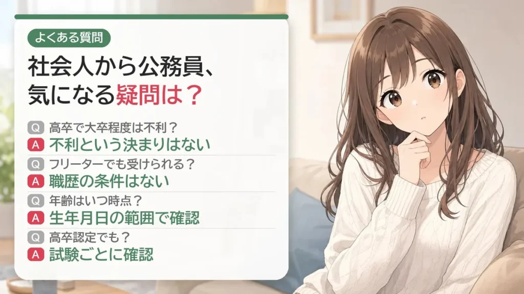 社会人から公務員のよくある質問:高卒で大卒程度は不利?フリーターでも受けられる?年齢はいつ時点?高卒認定でも?