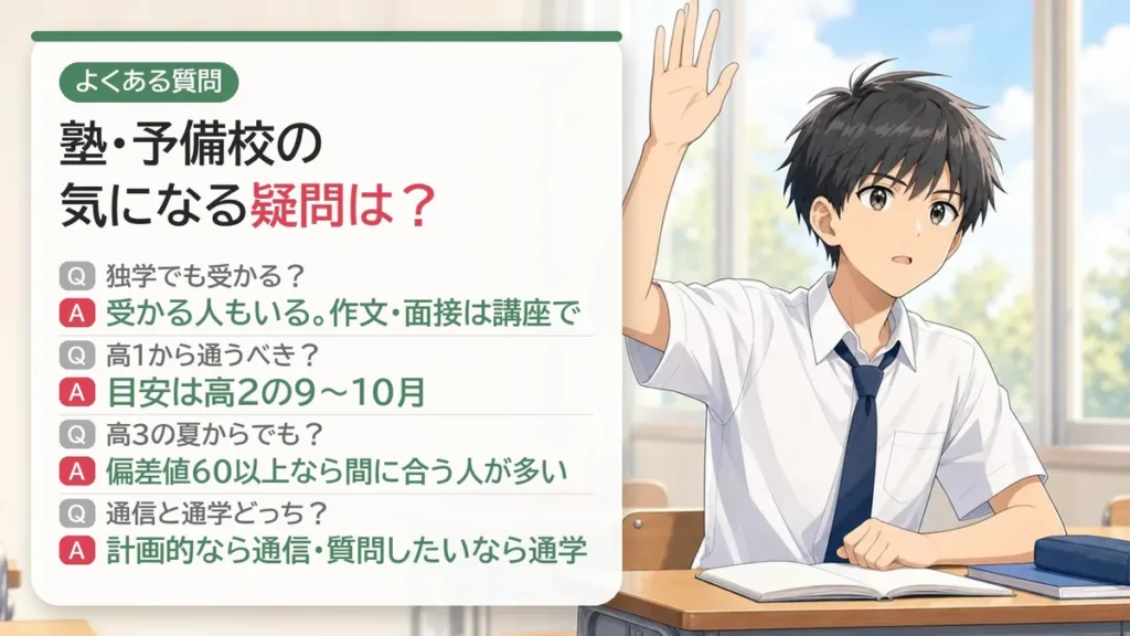 塾・予備校のよくある質問：独学で受かる？高1から通うべき？高3の夏からでも間に合う？通信と通学どっち？
