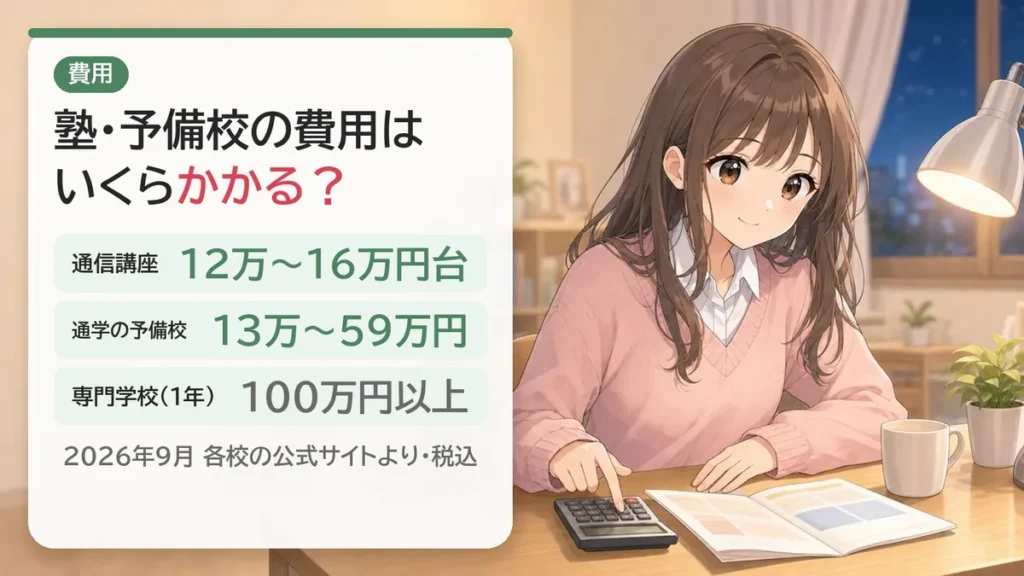 高卒公務員の塾・予備校の費用：通信講座12万〜16万円台、通学の予備校13万〜59万円、専門学校は1年で100万円以上