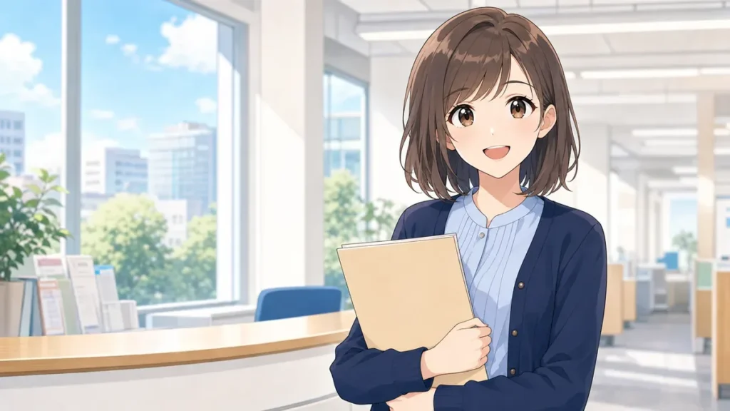 市役所の窓口で働く若い女性職員（高卒で県庁・市役所の事務を目指す）