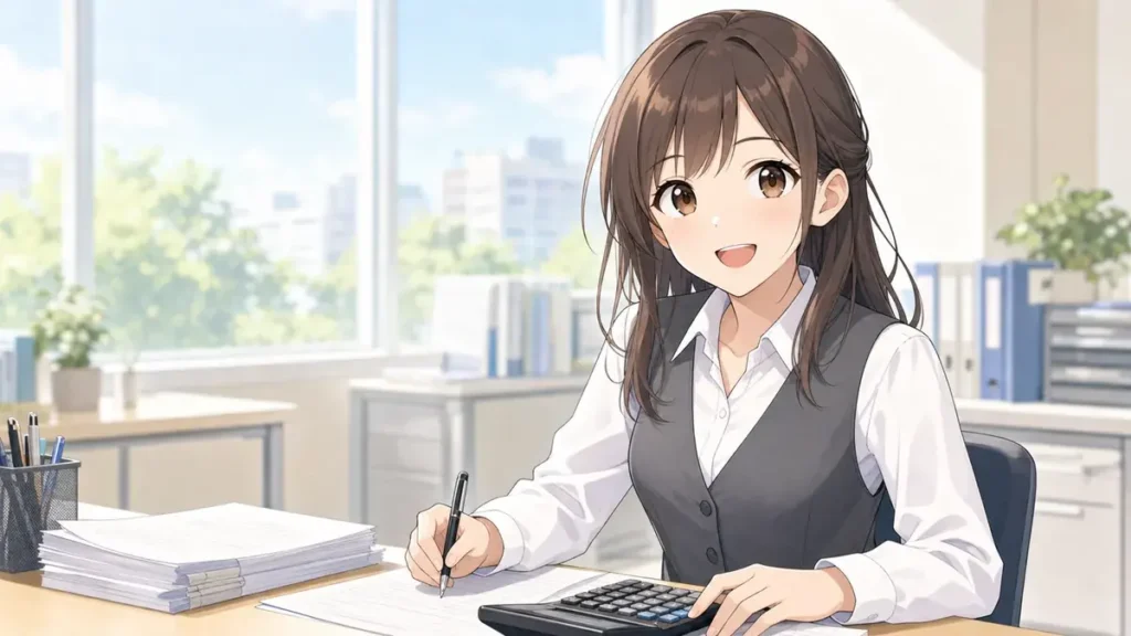 電卓と書類を前に働く若い税務職員（高卒で税務職員を目指す）